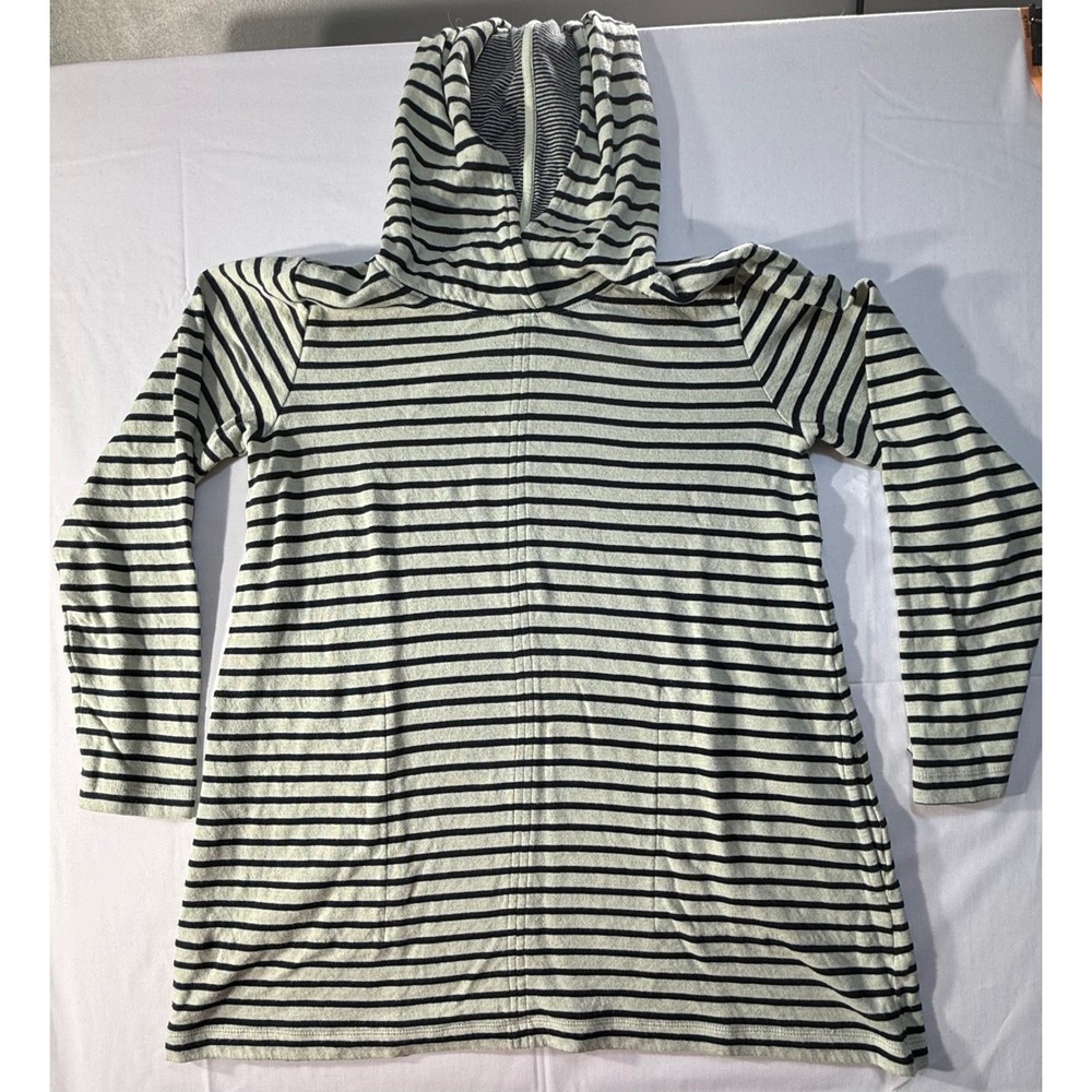 J. Jill Striped Pullover Hoodie Sage Green Navy Blue Tunic Sweatshirt Small